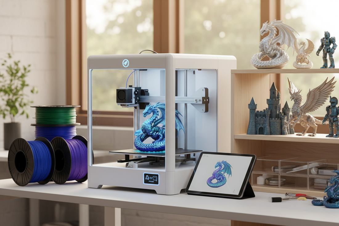 Image of a 3d printer actively printing a dragon with spools of filament and a shelf with other 3d printed toys.